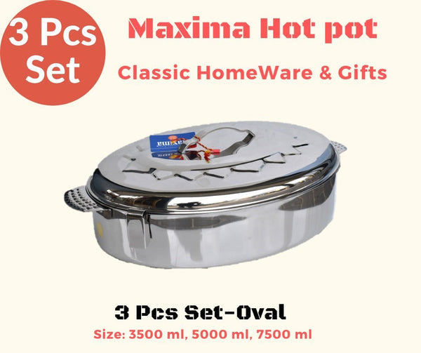 Stainless Steel Maxima Hot Pot Food Warmer Oval 3 Pcs Set Clip Handle 3500ml 5000ml 7500ml HP-121-3b Pcs/Ctn 2