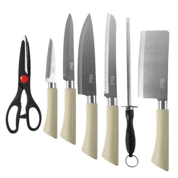 Bass Brand Premium Quality Stainless Steel Chef Kitchen Knife Set of 8 Pcs Beige Handle 30 cm 45577 Pcs/Ctn 24