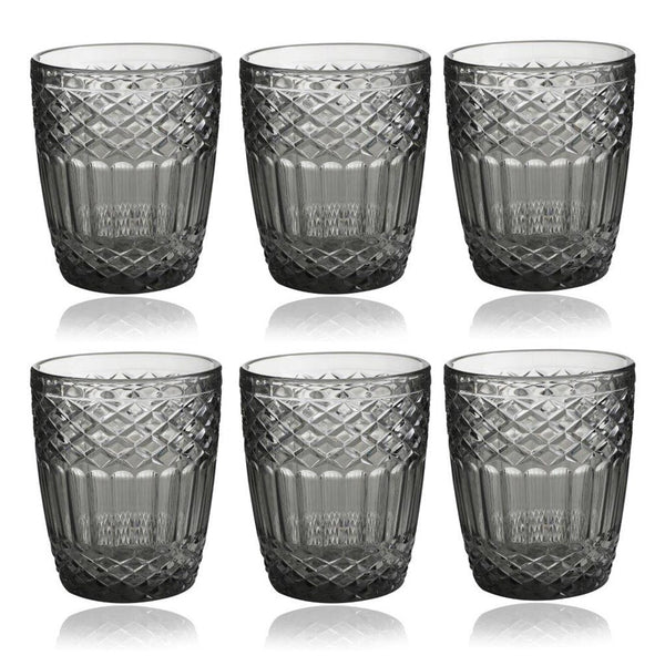 Engraved Pattern Grey Jewel Goblets Glass Drinking Tumblers Set of 6 Pcs