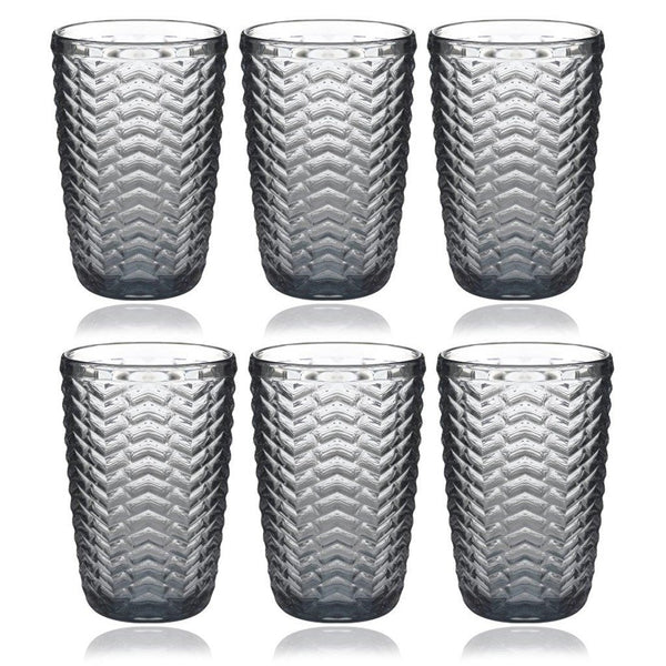 Engraved Pattern Grey Chevron Goblets Glass Drinking Tumblers Set of 6 Pcs