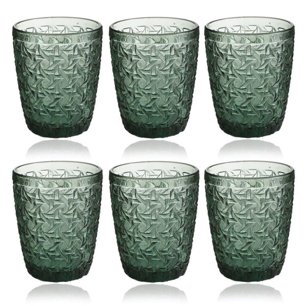 Engraved Pattern Forest Green Goblets Glass Drinking Tumblers Set of 6 Pcs
