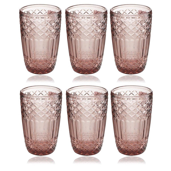 Engraved Pattern Pink Rose Jewel Goblets Glass Drinking Tumblers Set of 6 Pcs