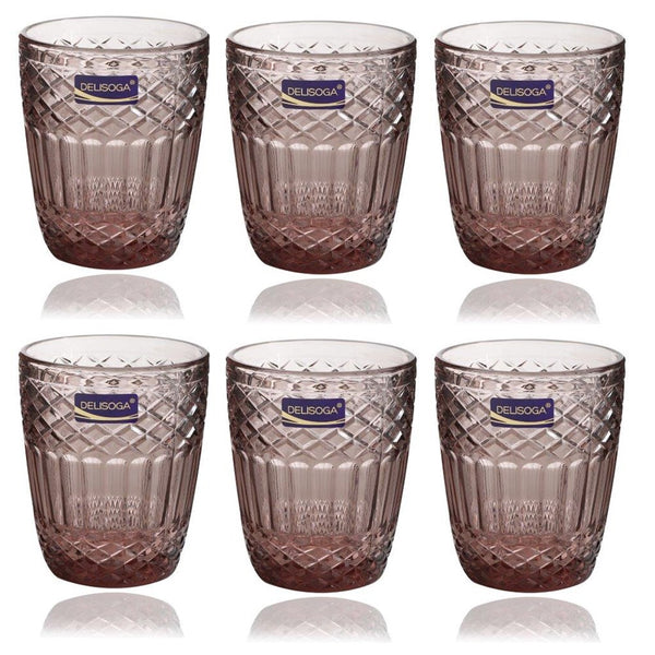 Engraved Pattern Pink Rose Diamond Goblets Glass Drinking Tumblers Set of 6 Pcs