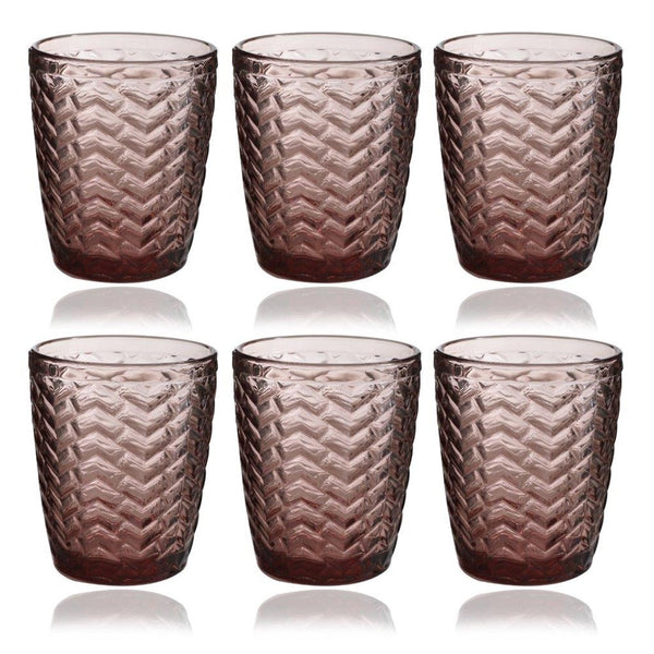 Engraved Pattern Pink Rose Chevron Goblets Glass Drinking Tumblers Set of 6 Pcs