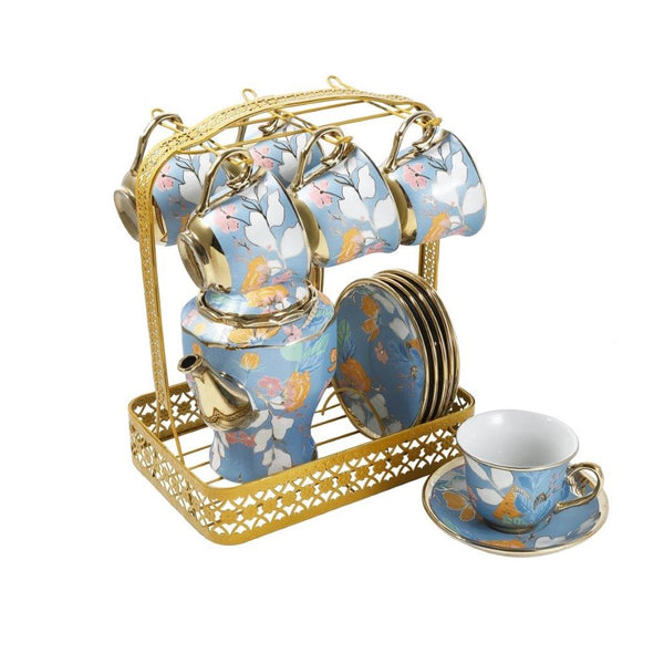 Ceramic Floral Print Tea Cup and Saucer Set of 14 Pcs with Teapot and Stand Pot 20*24.5 cm/Cup 5*9 cm