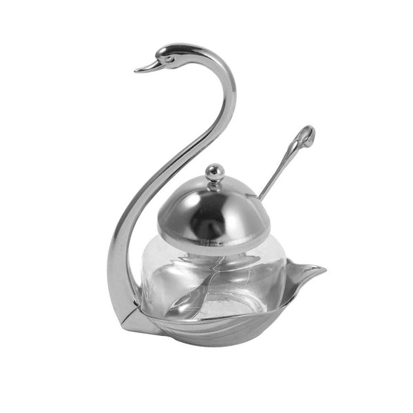Stainless Steel Silver Swan Condiment Jar Seasoning Container with Spoon 15.5 cm