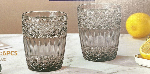 Engraved Pattern Grey Jewel Goblets Glass Drinking Tumblers Set of 6 Pcs