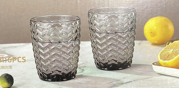 Engraved Pattern Grey Chevron Goblets Glass Drinking Tumblers Set of 6 Pcs