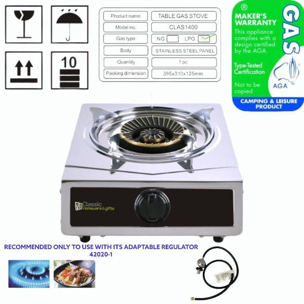 Stainless Steel Gas Stove Single Burner AGA Apprroved Excluding Regulator (Regulator Purchased Separately as an Optional) CLAS1400 1 Pcs/Ctn
