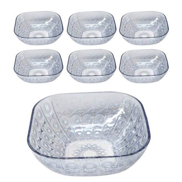 Sky Blue Engraved Pattern Dish Bowl and Glass Serving Bowl Set of 7 Pcs 20*8cm 
10*5.5cm (Ctn Box 8 units)