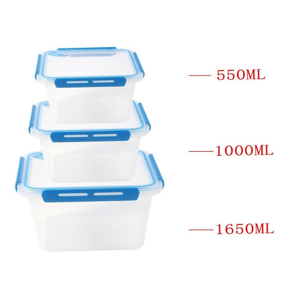 Multipurpose Clear Plastic Clip Lock Lunch Box  Storage Box Food Container Set of 3 Pcs 16x16x12.2cm 1650 ml/ 16x16x7.8cm 1000 ml/16x16x4.8cm 550 ml   (Ctn Box 32 units)