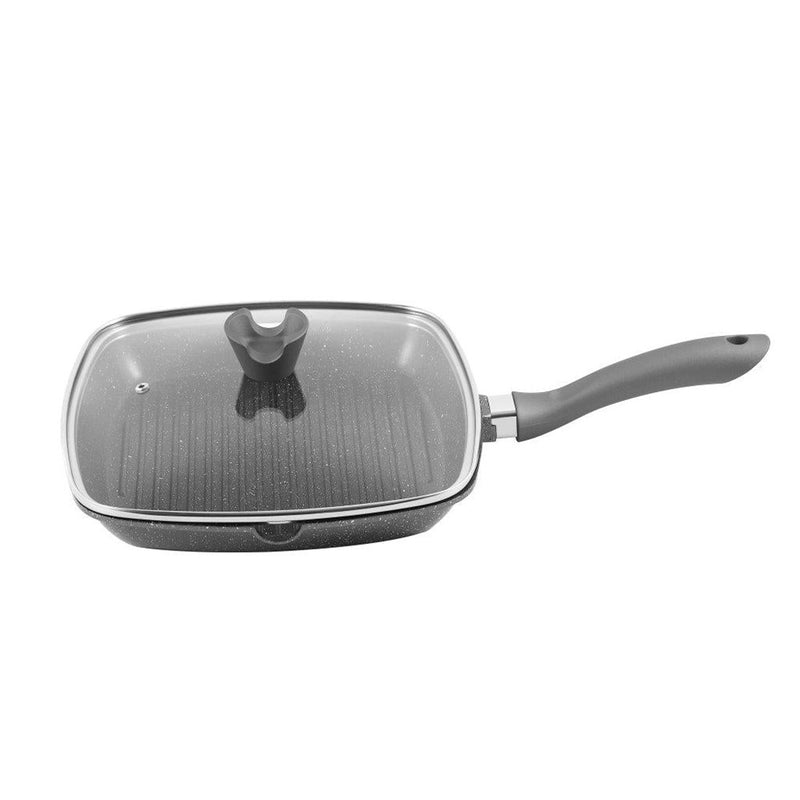 Chef and Cook Non Stick Grill Pan with Glass lid Marble Coated Die Cast Aluminium Grey Induction 28cm (Ctn Box 4 units)