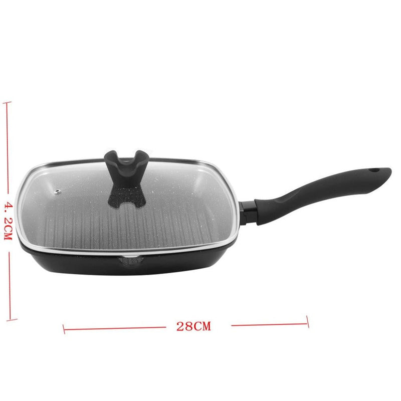 Chef and Cook Non Stick Grill Pan with Glass lid Marble Coated Die Cast Aluminium Black Induction 28cm (Ctn Box 4 units)