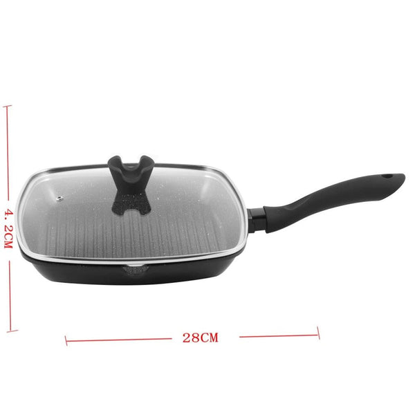Chef and Cook Non Stick Grill Pan with Glass lid Marble Coated Die Cast Aluminium Black Induction 28cm (Ctn Box 4 units)