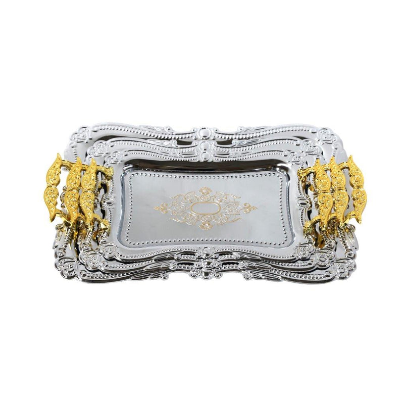 Deco Silver Metal Rectangle Serving Tray Set of 3 Pcs Crafted Handles 48*34/41*28.5/35*24 cm (Ctn Box 12 units)