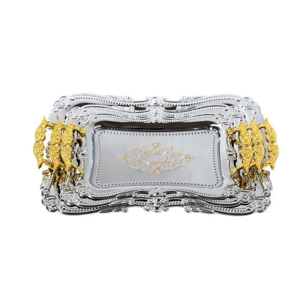 Deco Silver Metal Rectangle Serving Tray Set of 3 Pcs Crafted Handles 48*34/41*28.5/35*24 cm (Ctn Box 12 units)
