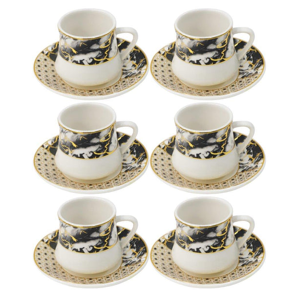 Royal Cream Abstract Print Ceramic Coffee Cup & Saucer Set of 6 Pcs (Ctn Box 24 units)