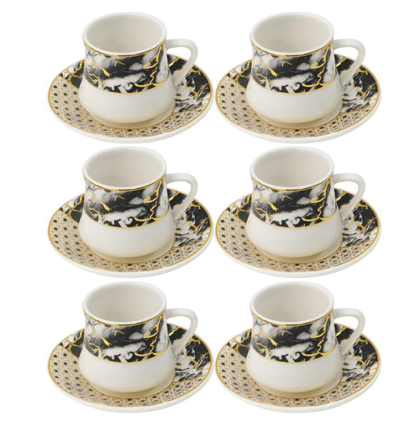 Royal Cream Abstract Print Ceramic Coffee Cup & Saucer Set of 6 Pcs (Ctn Box 24 units)