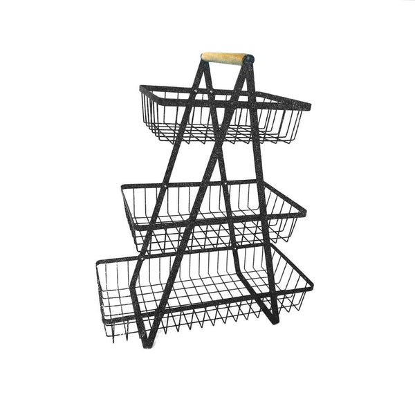 Kitchen Storage Portable Metal 3 Tier Fruit and Vegetable Storage Basket Timber Handle 40*18*49 cm (Ctn Box 16 units)