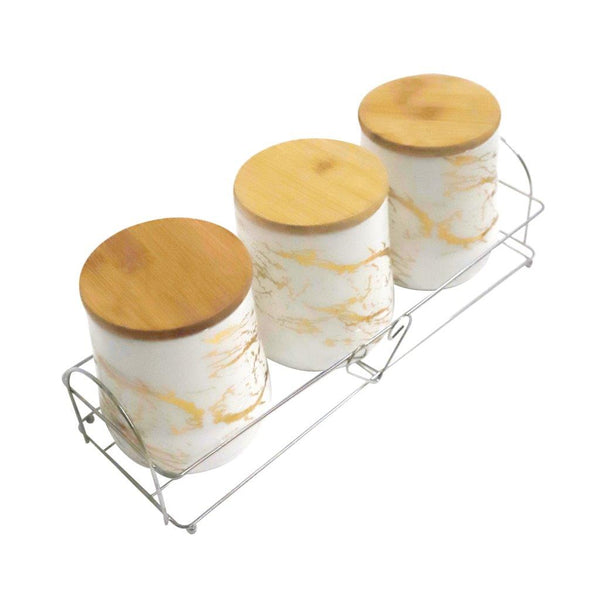 Abstract Print Ceramic Canister Set of 3 Pcs with Wooden Lid and Stand 650 ml/180 ml (Ctn Box 16 units)