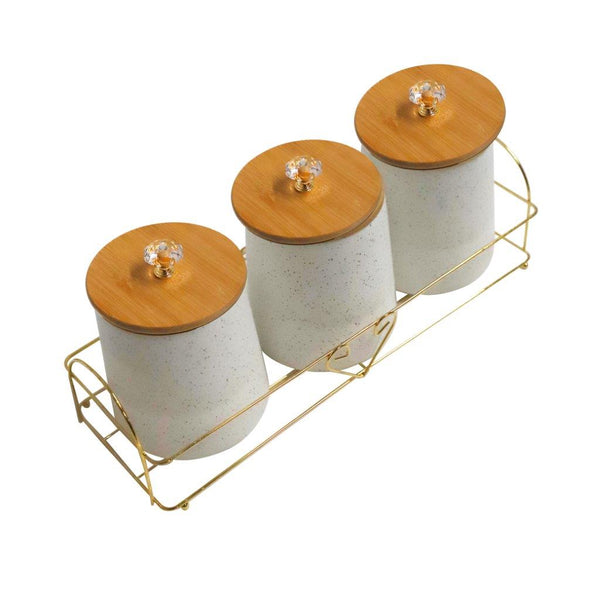 Abstract Print Ceramic Canister Set of 3 Pcs with Wooden Lid and Stand 650 ml (Ctn Box 16 units)