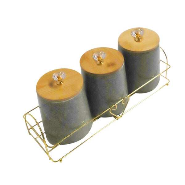 Abstract Print Ceramic Canister Set of 3 Pcs with Wooden Lid and Stand 650 ml (Ctn Box 16 units)