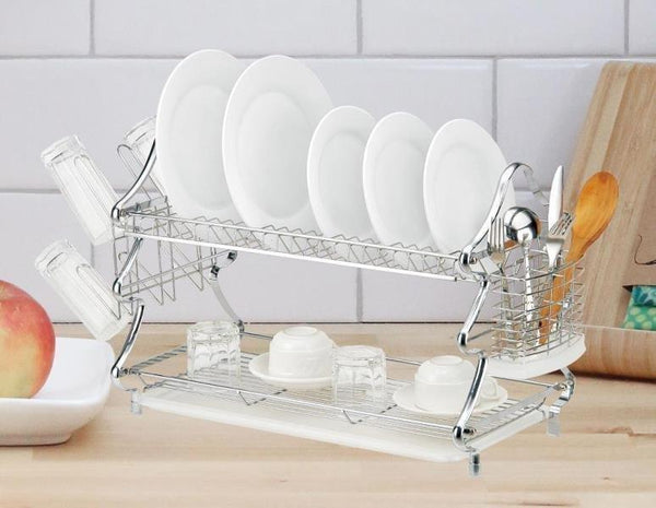 Kitchen Storage Chrome Dish Rack 2 Tier Cutlery Storage Organizer 53.5*25.5*37 cm (Ctn Box 6 units)