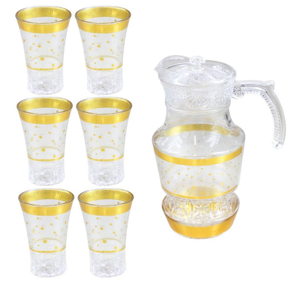 Gold Deco Water and Beverage Jug Decanter and Footed Tumblers Set of 7 Pcs (Ctn Box 6 units)