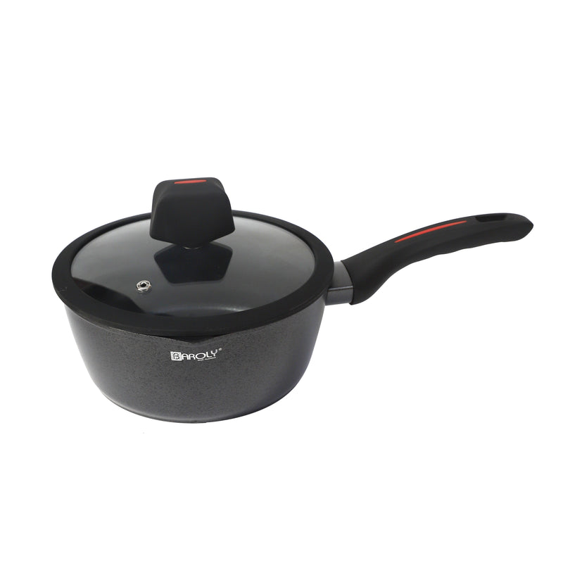 Black Granite Non Stick Marble Coated Die Cast Aluminium Saucepan with Lid  Induction Silicone Handle 16 cm (Ctn Box 10 units)
