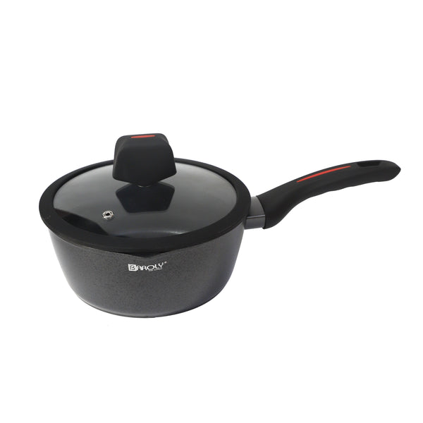 Black Granite Non Stick Marble Coated Die Cast Aluminium Saucepan with Lid  Induction Silicone Handle 16 cm (Ctn Box 10 units)