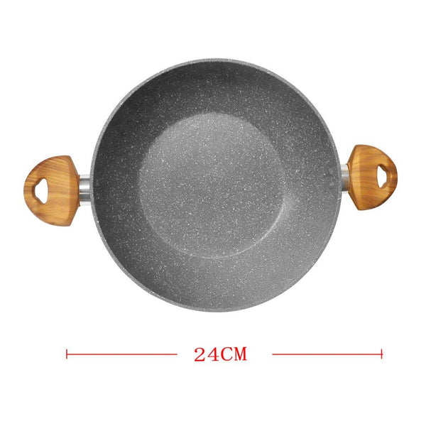Grey Granite Non Stick Marble Coated Die Cast Forged Aluminium Karahi with Lid Induction Wooden Handle 24 cm (Ctn Box 10 units)