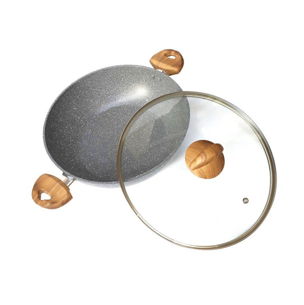 Grey Granite Non Stick Marble Coated Die Cast Forged Aluminium Karahi with Lid Induction Wooden Handle 26 cm (Ctn Box 10 units)
