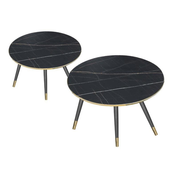 Round Gold Metal Accent Nesting Coffee Table Marble Pattern Top Set of 3 Pcs 40*40/50*44/60*48 cm (Ctn Box 1 units)