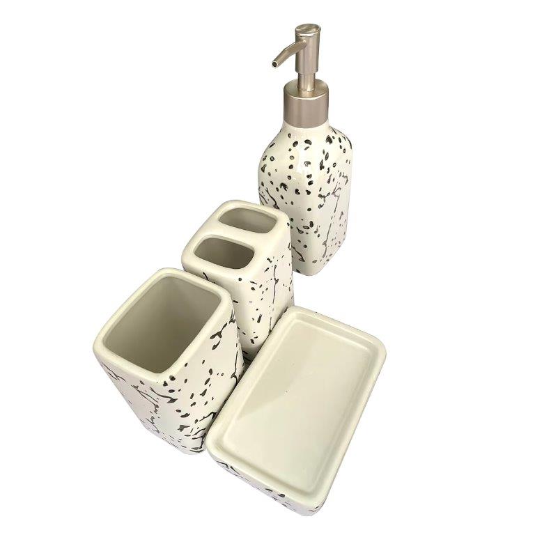 Ceramic Bathroom Accessories Soap Dispenser Toothbrush Holder Set of 4 Pcs 6*18.5/7.5*10.5/7.5*10.5/12.5*8*3 (Ctn Box 24 units)
