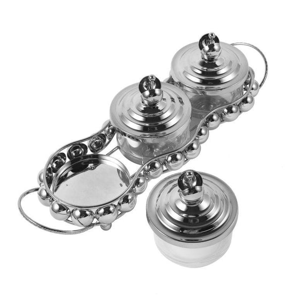 Silver Crystal Glass Candy Jar Canisters Set of 3 with Tray 37*12*12 cm (Ctn Box 24 units)