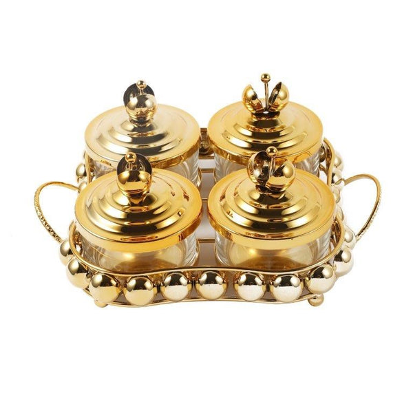 Gold Crystal Glass Candy Jar Canisters Set of 4 with Tray 27*22*12 cm (Ctn Box 24 units)