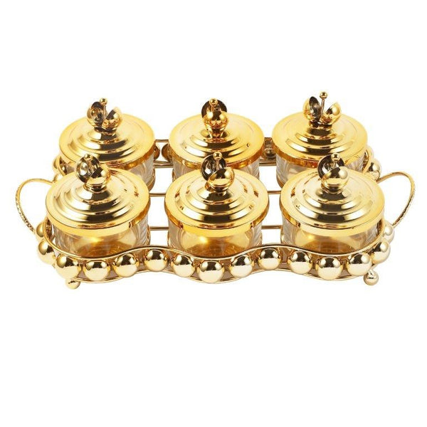 Gold Crystal Glass Candy Jar Canisters Set of 6 with Tray 38*22*12 cm (Ctn Box 12 units)