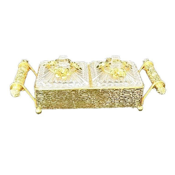 Engraved Deco Gold Candy Box Nuts and Chocolates Serving Tray 2 Compartments with Lid   30*16 cm (Ctn Box 12 units)