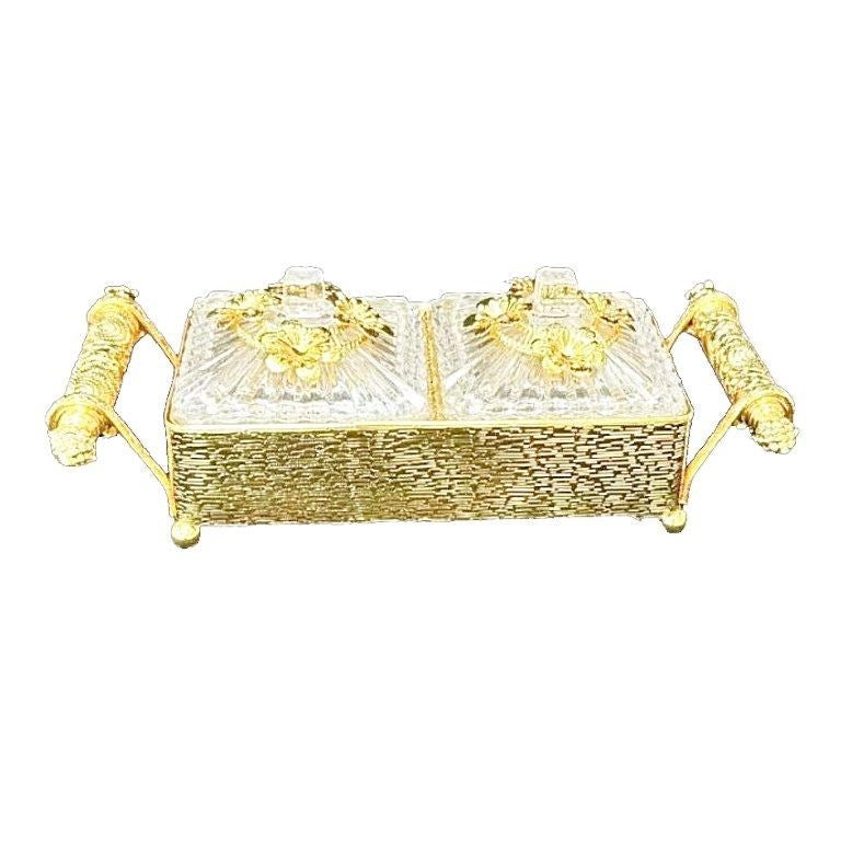 Engraved Deco Gold Candy Box Nuts and Chocolates Serving Tray 2 Compartments with Lid   30*16 cm (Ctn Box 12 units)