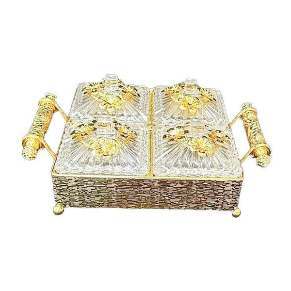 Engraved Deco Gold Candy Box Nuts and Chocolates Serving Tray 2 Compartments with Lid   30*23.5 cm (Ctn Box 8 units)