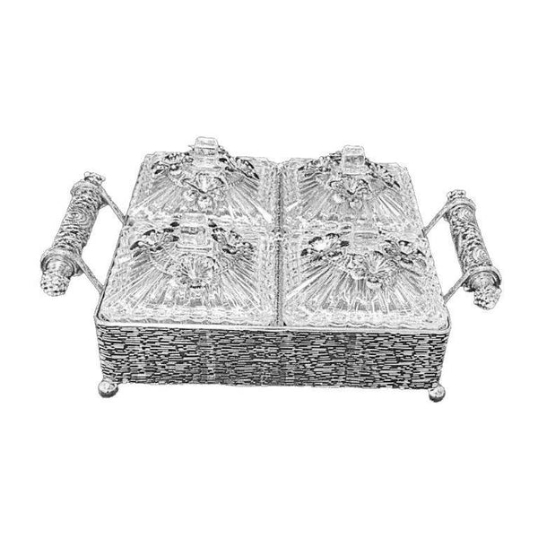 Engraved Deco Silver Candy Box Nuts and Chocolates Serving Tray 2 Compartments with Lid   (Ctn Box 8 units)
