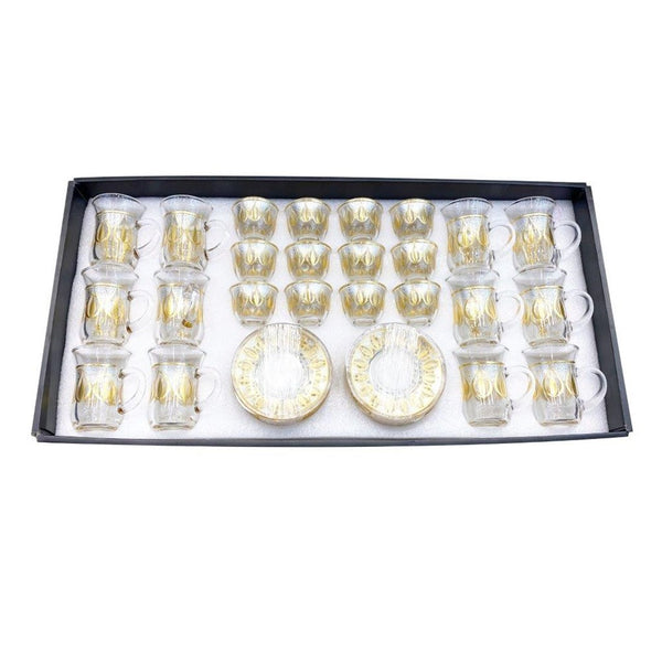 Moroccan Design Gold Drinking Glass Tea Cups and Saucer Set of 24 Pcs 11/6*5/6.5*9 cm ** (Ctn Box 4 units)