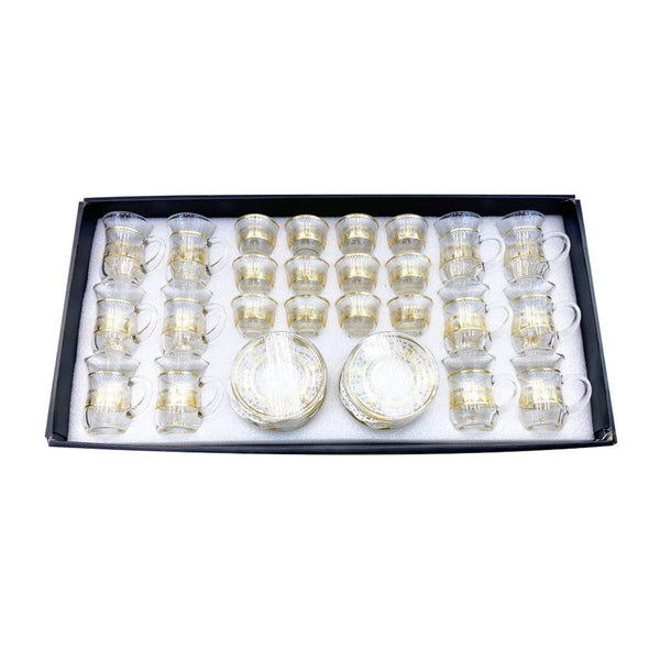 Moroccan Design Gold Drinking Glass Tea Cups and Saucer Set of 36 Pcs 11/6*5/6.5*9 cm ** (Ctn Box 4 units)