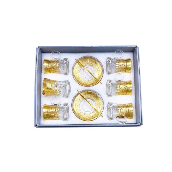 Moroccan Design Gold Drinking Glass Tea Cups and Saucer Set of 6 Pcs 11/5.5*8 cm ** (Ctn Box 8 units)