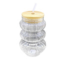 Wooden Lid Striped Glass Jars with Straw 12*6 cm (Ctn Box 98 units)