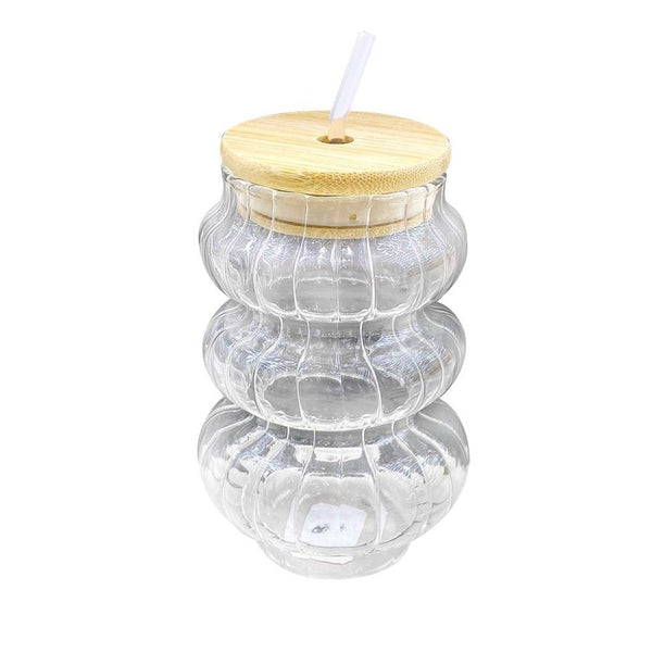 Wooden Lid Striped Glass Jars with Straw 12*6 cm (Ctn Box 98 units)