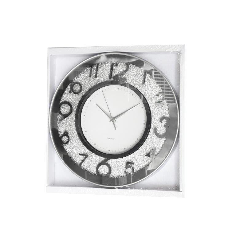 Decorative Round Shape Silver Glitter Design Analog Deco Wall Clock  40 cm  (Ctn Box 12 units)