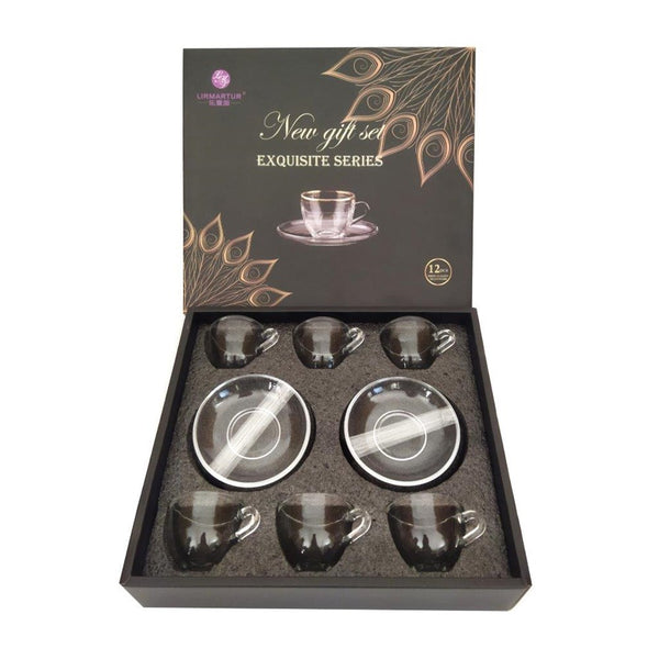 Premium Clear Glass Tea cup with Saucer Set of 6 Pcs 6*5.5/11 cm (Ctn Box 12 units)