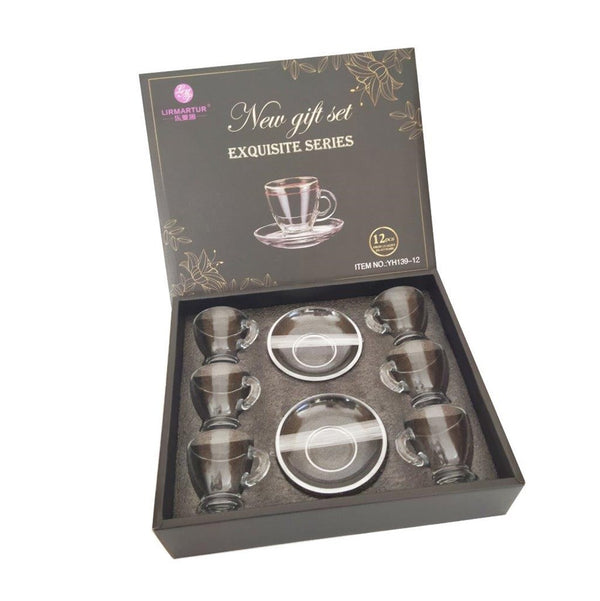 Premium Clear Glass Tea cup with Saucer Set of 6 Pcs 6*6.5/11 cm (Ctn Box 12 units)