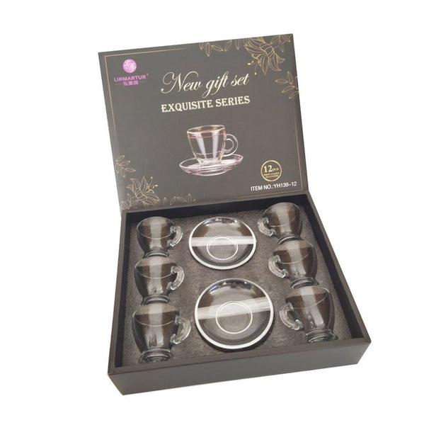 Premium Clear Glass Tea cup with Saucer Set of 6 Pcs 6*6.5/11 cm (Ctn Box 12 units)